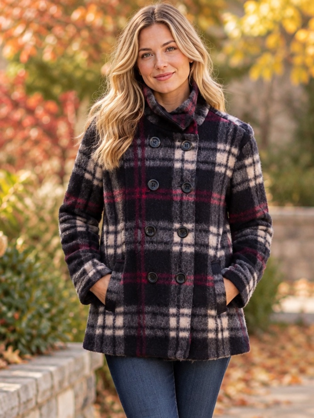 KEREN hart Black & Red Plaid Double-Breasted Wool Blend Peacoat